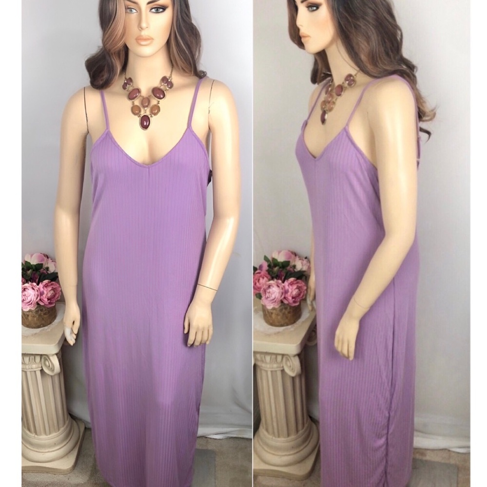 SALE 🔥2X PLUS Solid Lavender Purple Ribbed Sleeveless Long Maxi Y2K Casual Dress